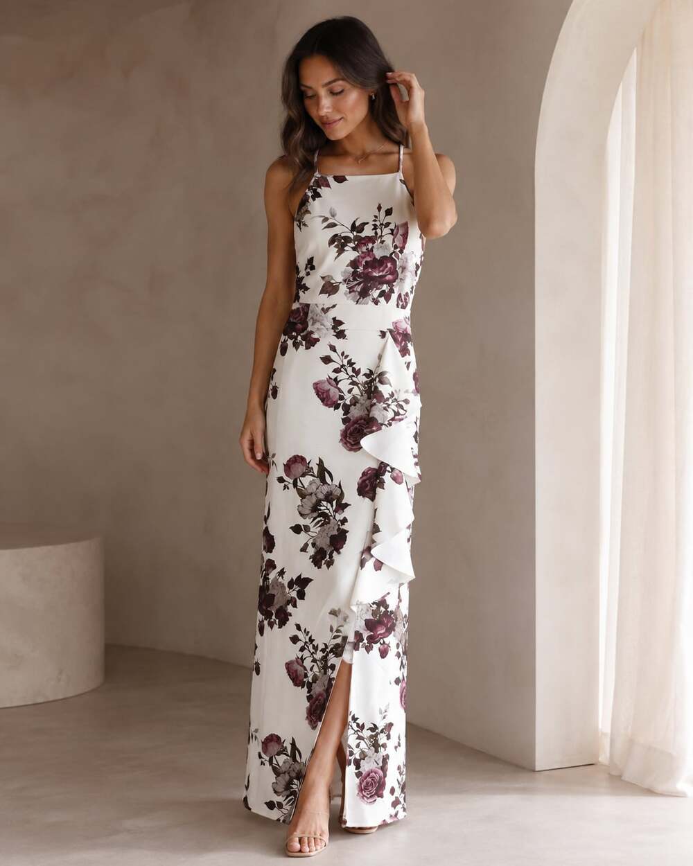 Sweet Storm White and Burgundy Floral Maxi Dress with Ruffle Slit